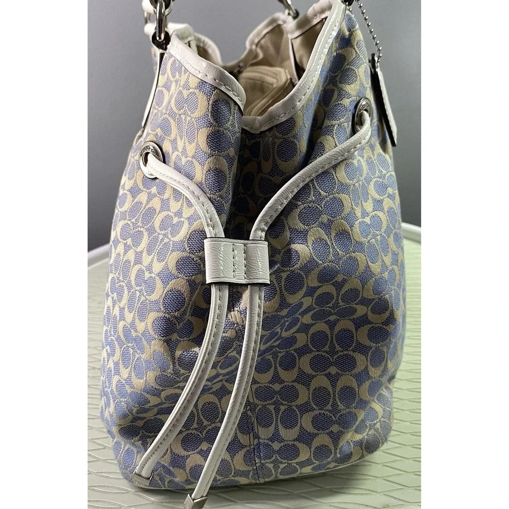 COACH‎ SIGNATURE Jacquard Drawstring Purse matching Wallet Blue&Cream See Straps
